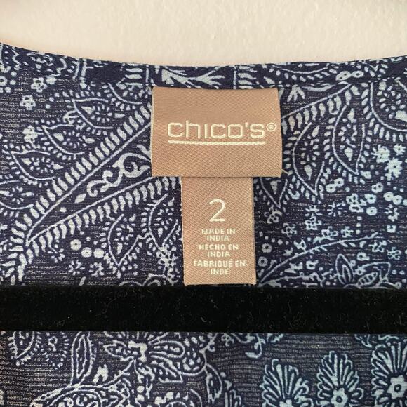 Chico's Women's size 2 / Large Navy Blue Boho Paisley Beaded Blouse 100% Cotton - Picture 2 of 11